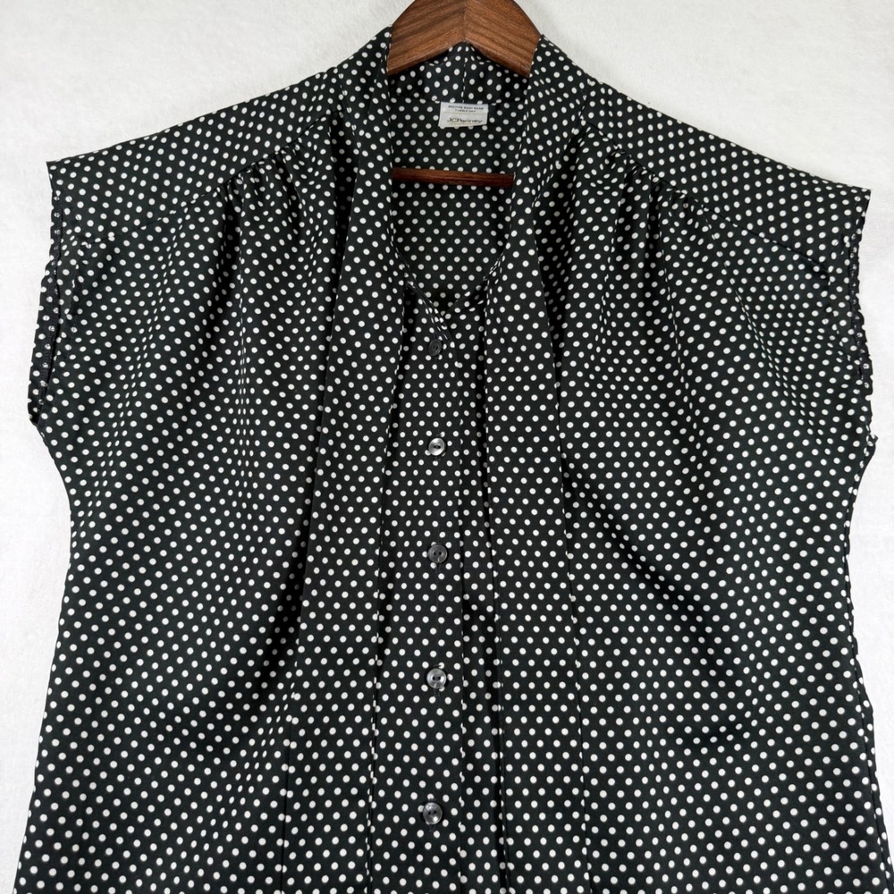 Vintage JCPenney Fashions Polka Dot Tie Neck Sleeveless Blouse Black White XL